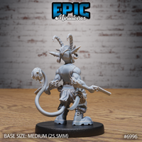 Tiefling goblin with spiral horns and a long leonine tail tipped with wild hair, seen from behind with a flintlock pistol held low and a broad-bladed knife at the hip. Sculpt by Epic Miniatures.