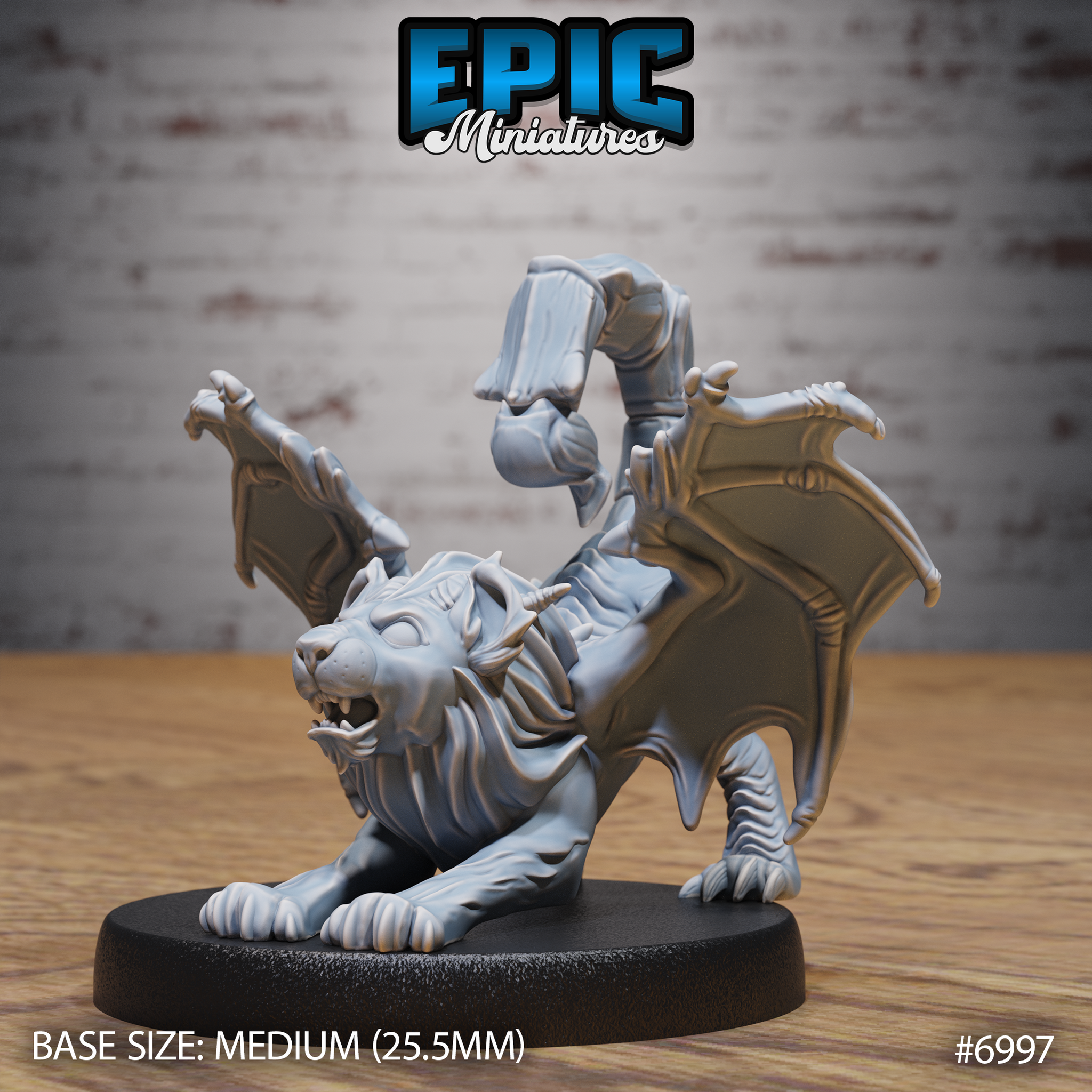 Manticore cub crouching low with bat wings spread wide, lion body with exposed ribcage detail, snarling open mouth, barbed tail arching overhead, clawed feet gripping an oval base. Sculpt by Epic Miniatures.