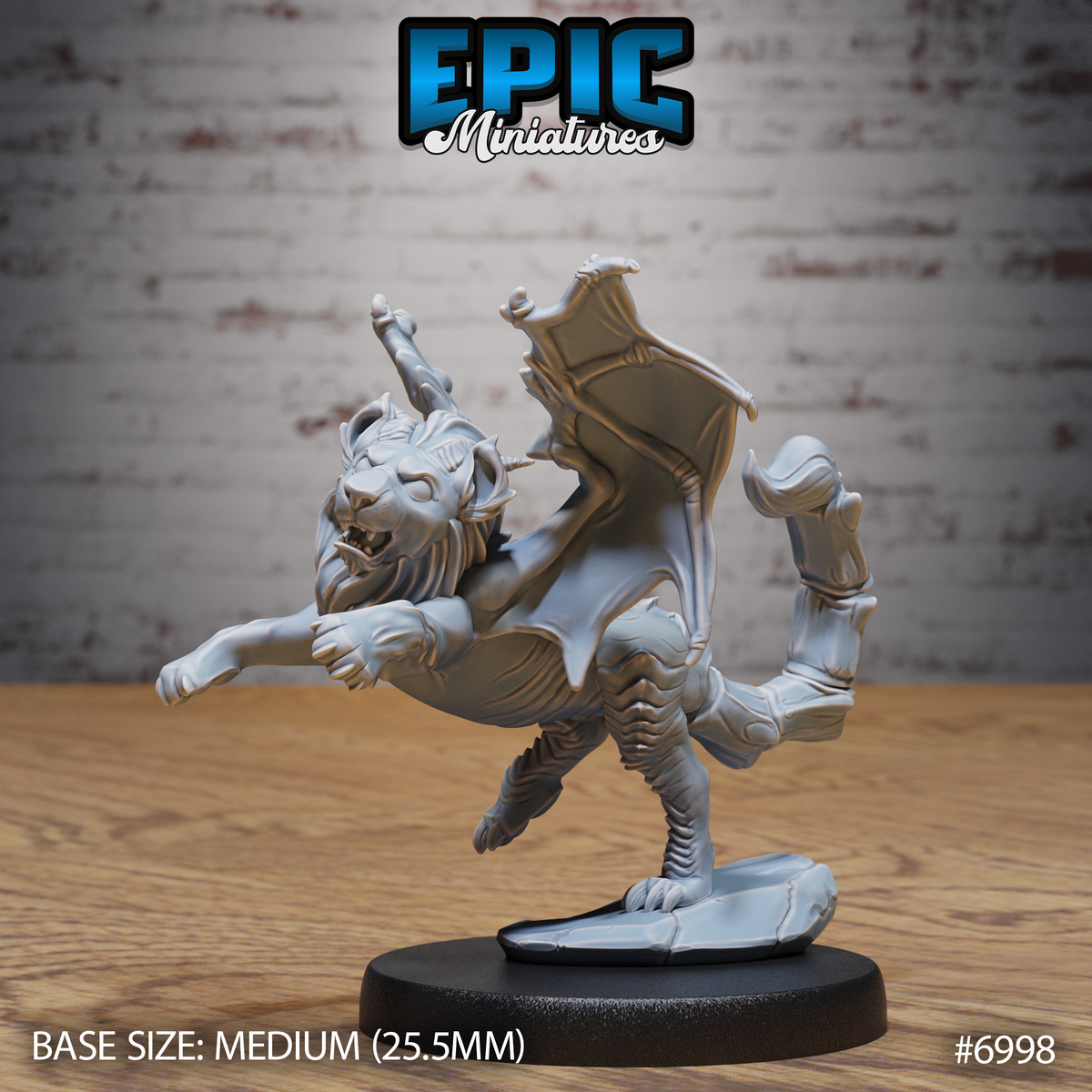 Juvenile manticore miniature mid-pounce, lion-faced with an open snarl, front claws raking outward, leathery bat-wings half-spread, segmented scaled belly visible, by Epic Miniatures.