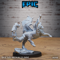 Rear angle of a juvenile manticore miniature showing scaled back plates, coiled tail, spiked dorsal ridge, and powerful haunches raised in an aggressive leaping pose, by Epic Miniatures.