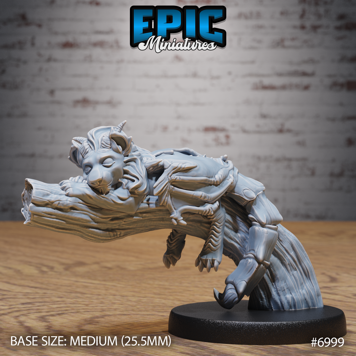 Baby manticore with closed eyes and small horns, sleeping on a gnarled log, scaled armoured body with clawed paws hanging loose, scorpion tail tucked beneath. Sculpt by Epic Miniatures.