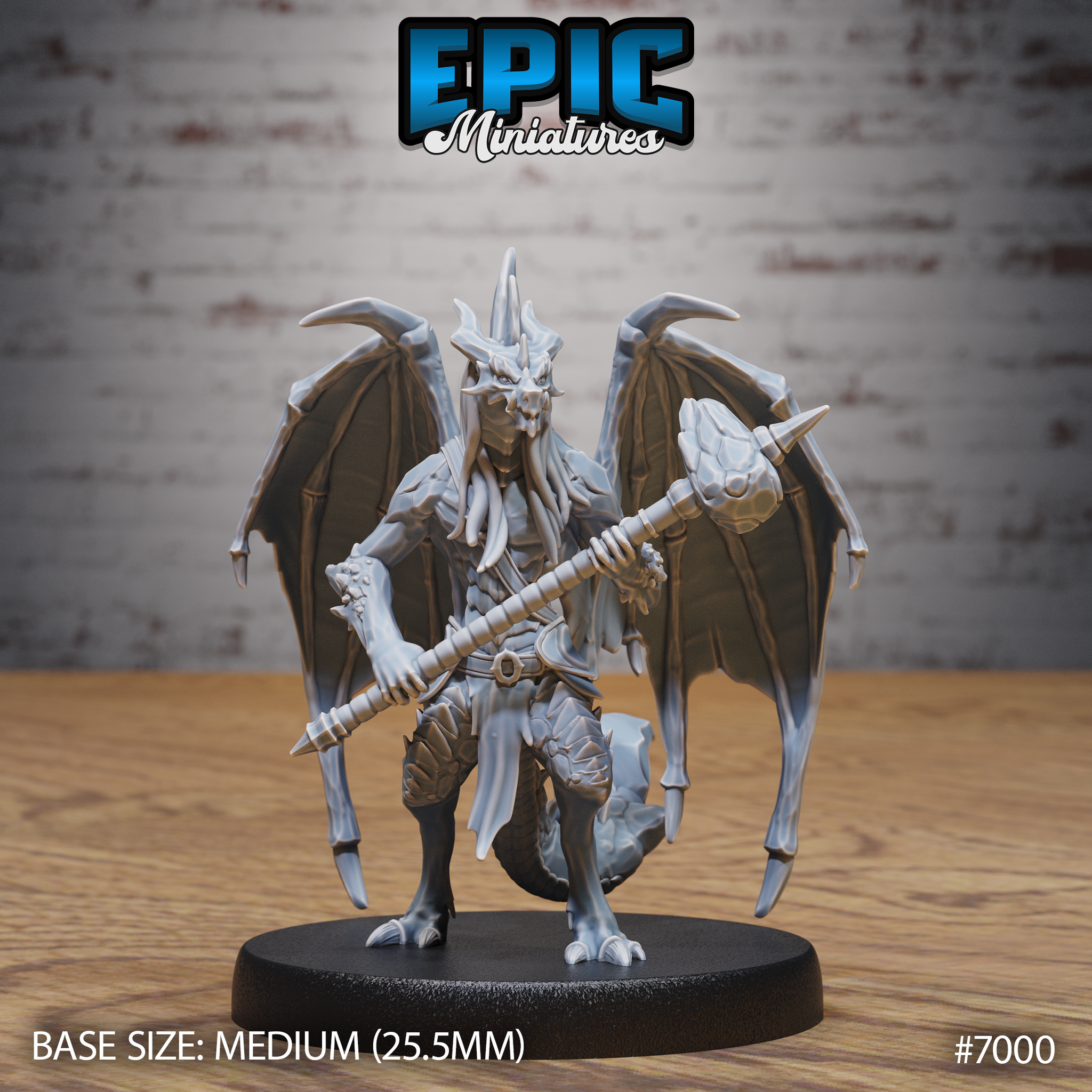 Winged draconic demon standing upright, holding a spiked staff across its body, wearing flowing robes over scaled legs, with broad leathery wings spread wide and a horned skull-crested head. Sculpt by Epic Miniatures.