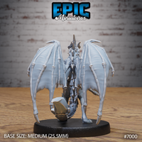Draconic demon seen from behind, large skeletal-boned wings fully extended, a ridged spine running down the back, a coiled serpentine tail curling beneath, resting on a plain round base. Sculpt by Epic Miniatures.