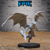 Snarling winged draconic demon holding two leaf-bladed swords, arms extended wide, scaled armour on torso and legs, massive ribbed wings spread behind, jaw tendrils hanging loose. Sculpt by Epic Miniatures.