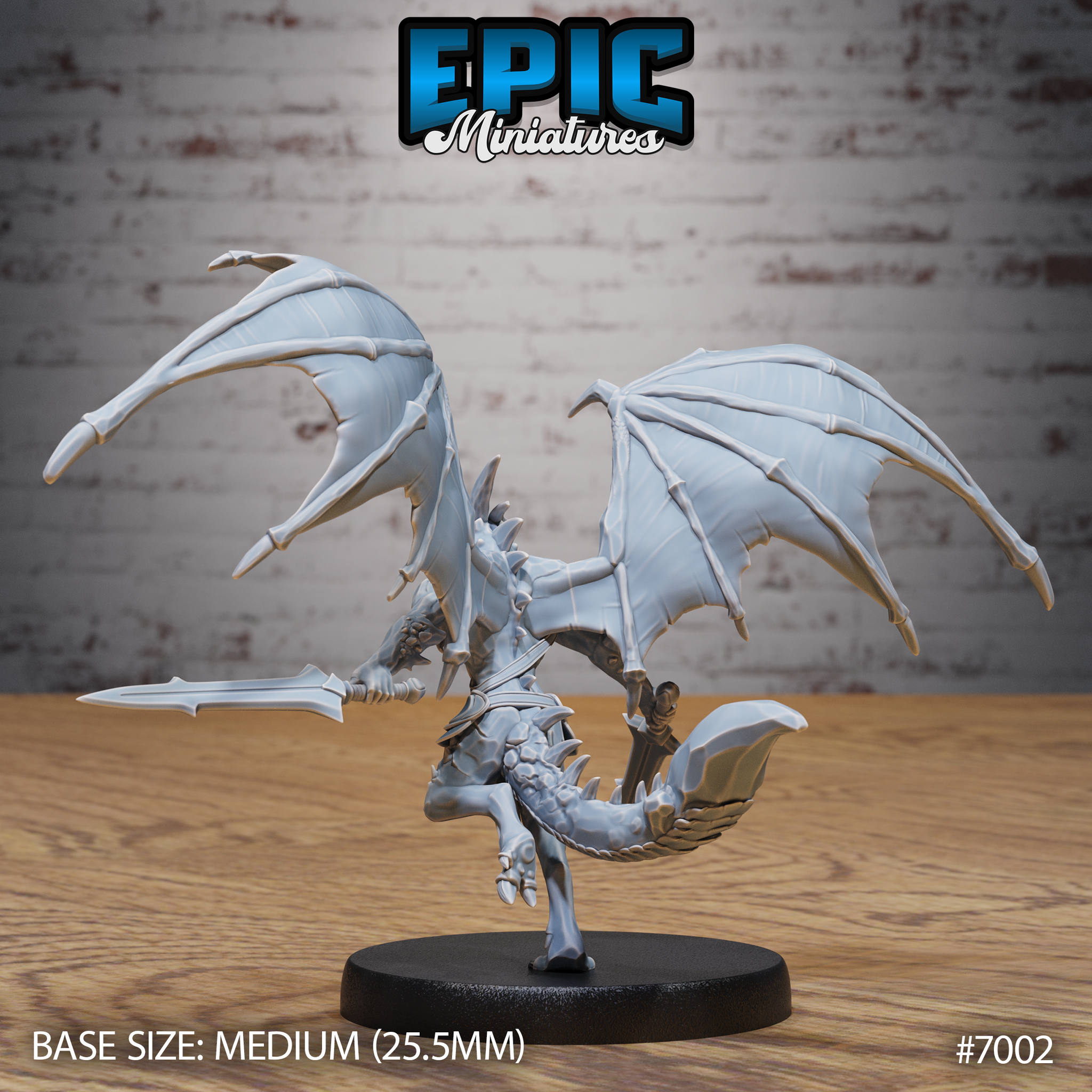 Draconic demon viewed from behind with both enormous leathery wings fully extended, curled tail prominent at base, scaled back with spines visible, one sword extended forward. Sculpt by Epic Miniatures.