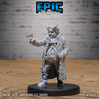 Stocky tiefling male in a long fur-trimmed coat, pointing one finger outward with a stern expression, ornate chest medallion visible, curling horns rising from thick hair. Sculpt by Epic Miniatures.