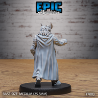 Tiefling male from behind, broad fur-trimmed coat falling to the ankles with a smooth cape section, segmented sleeves, curling horns and wild hair visible above the collar. Sculpt by Epic Miniatures.