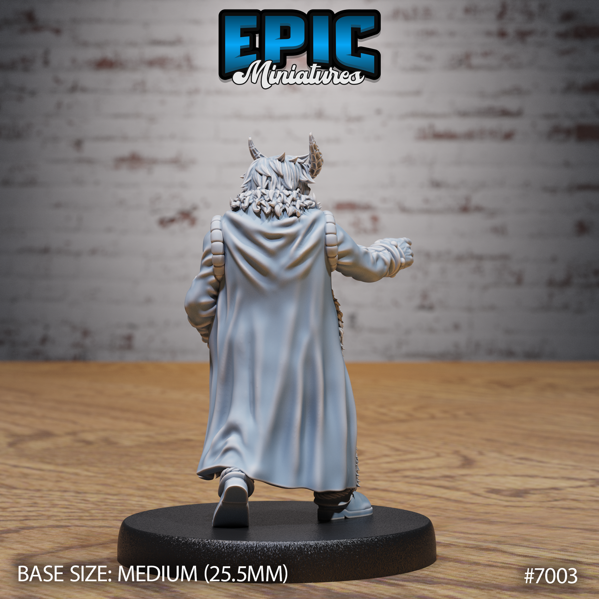 Tiefling male from behind, broad fur-trimmed coat falling to the ankles with a smooth cape section, segmented sleeves, curling horns and wild hair visible above the collar. Sculpt by Epic Miniatures.