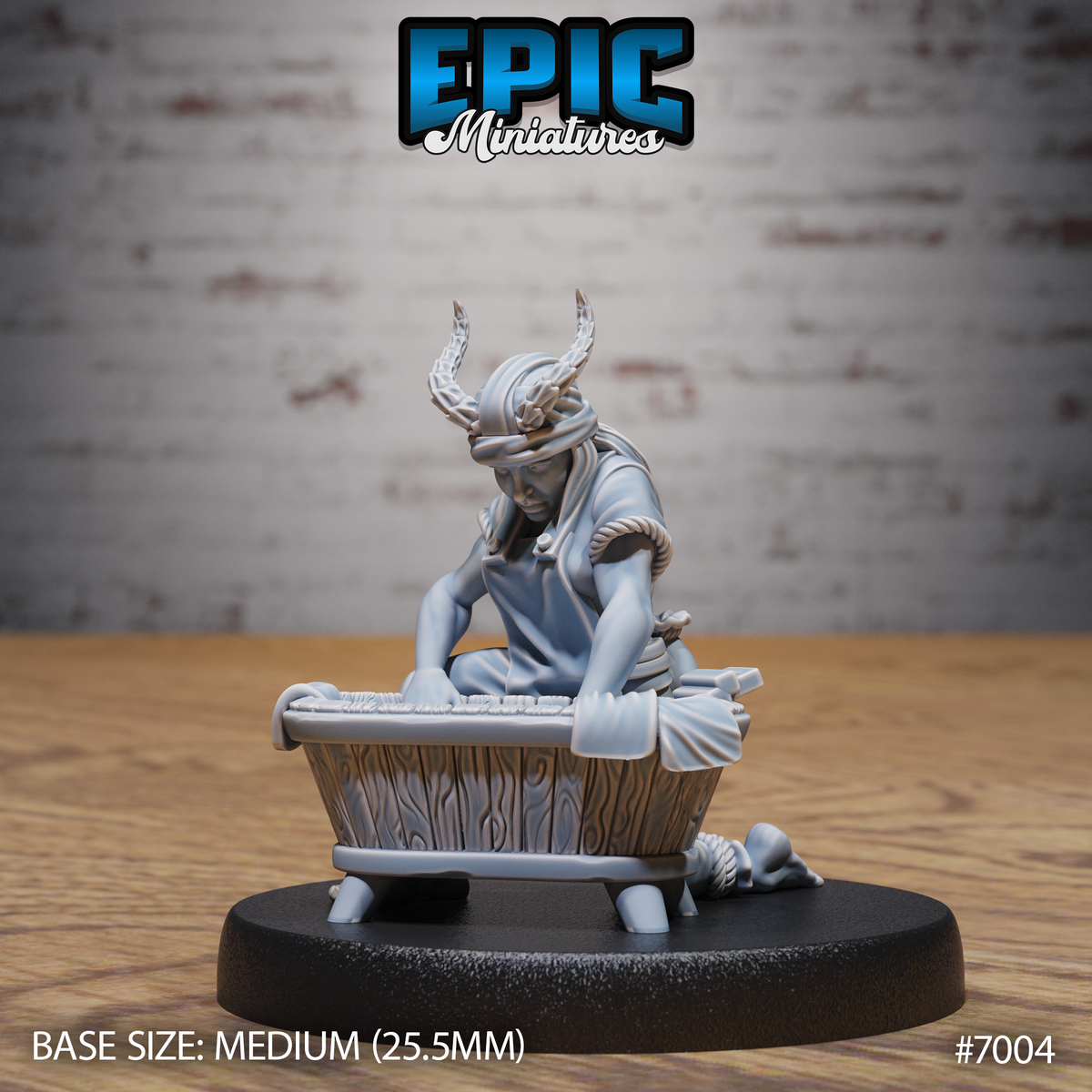 Tiefling villager leaning over a wooden washtub scrubbing laundry, wearing a wrapped headscarf with curving horns, rope coiled around one arm, loose tunic, small bundle on the ground beside the tub. Sculpt by Epic Miniatures.