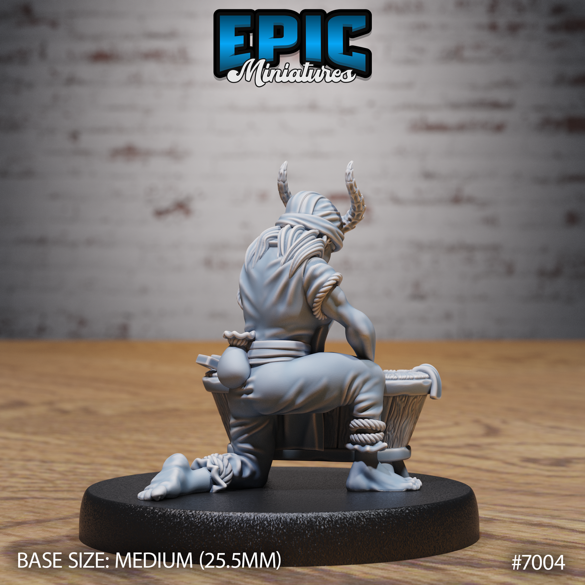 Tiefling villager seated at a wooden washtub viewed from behind, showing curved horns rising from a wrapped headscarf, rope coiled across the back, loose billowing tunic, small tied bundle on the ground beside bare feet. Sculpt by Epic Miniatures.