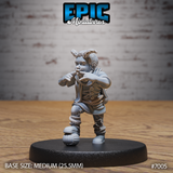 Chubby-cheeked tiefling child clutching something to his mouth, wearing a buttoned coat with rope belt and cord-wrapped boots, one foot on a round stone. Sculpt by Epic Miniatures.
