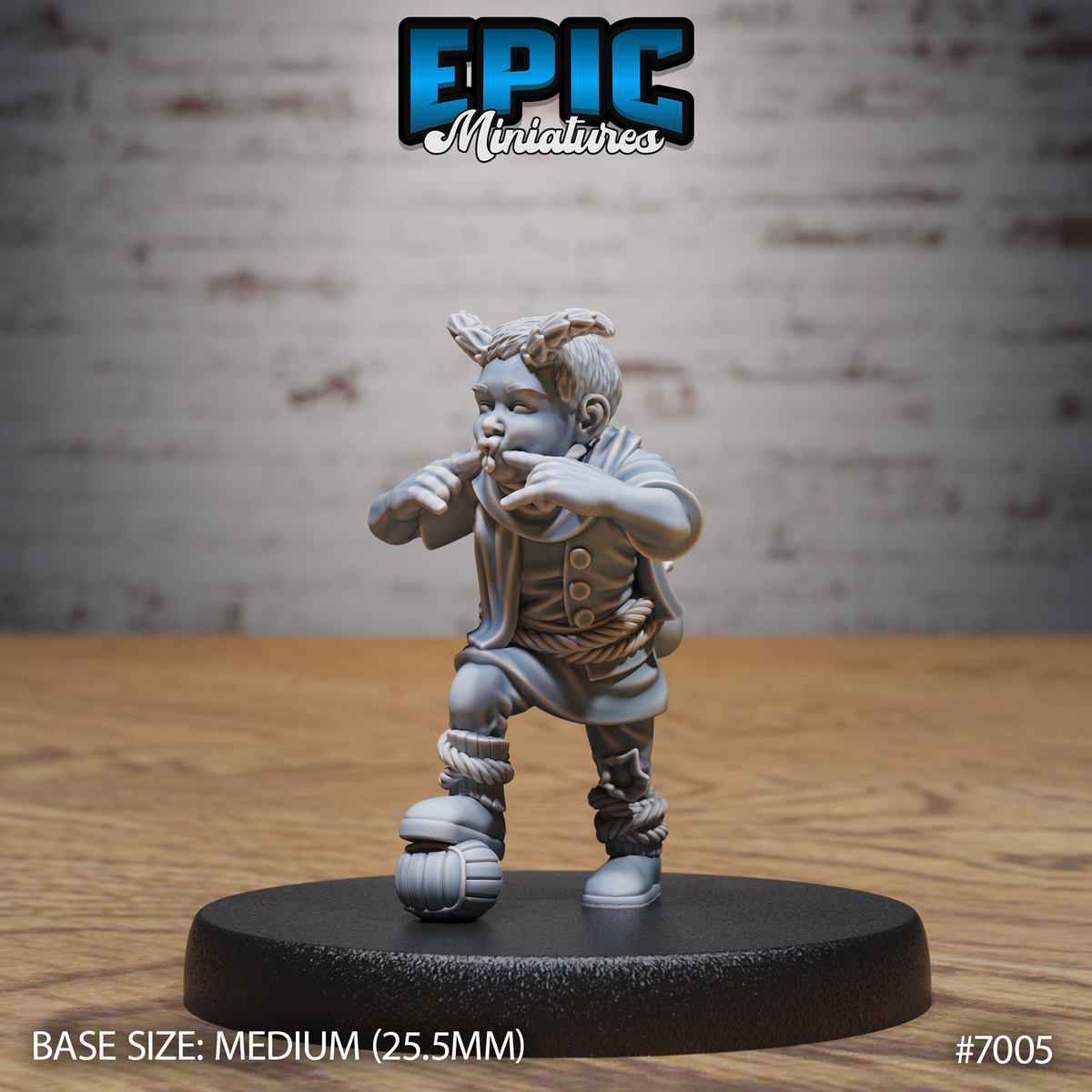 Chubby-cheeked tiefling child clutching something to his mouth, wearing a buttoned coat with rope belt and cord-wrapped boots, one foot on a round stone. Sculpt by Epic Miniatures.