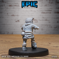 Tiefling boy seen from behind, hair tied up in a topknot, wearing a hooded coat with rope belt and cord-wrapped trouser legs, one arm raised slightly. Sculpt by Epic Miniatures.
