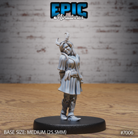 Tiefling girl miniature standing with head tilted and a half-smile, wearing a layered tunic, trousers and boots, with two asymmetric curved horns rising from her hair. Sculpt by Epic Miniatures.