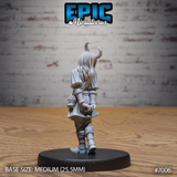 Tiefling girl miniature seen from behind, showing long flowing hair beneath two curved horns, a draped tunic belted at the waist, and hands clasped loosely at her back. Sculpt by Epic Miniatures.