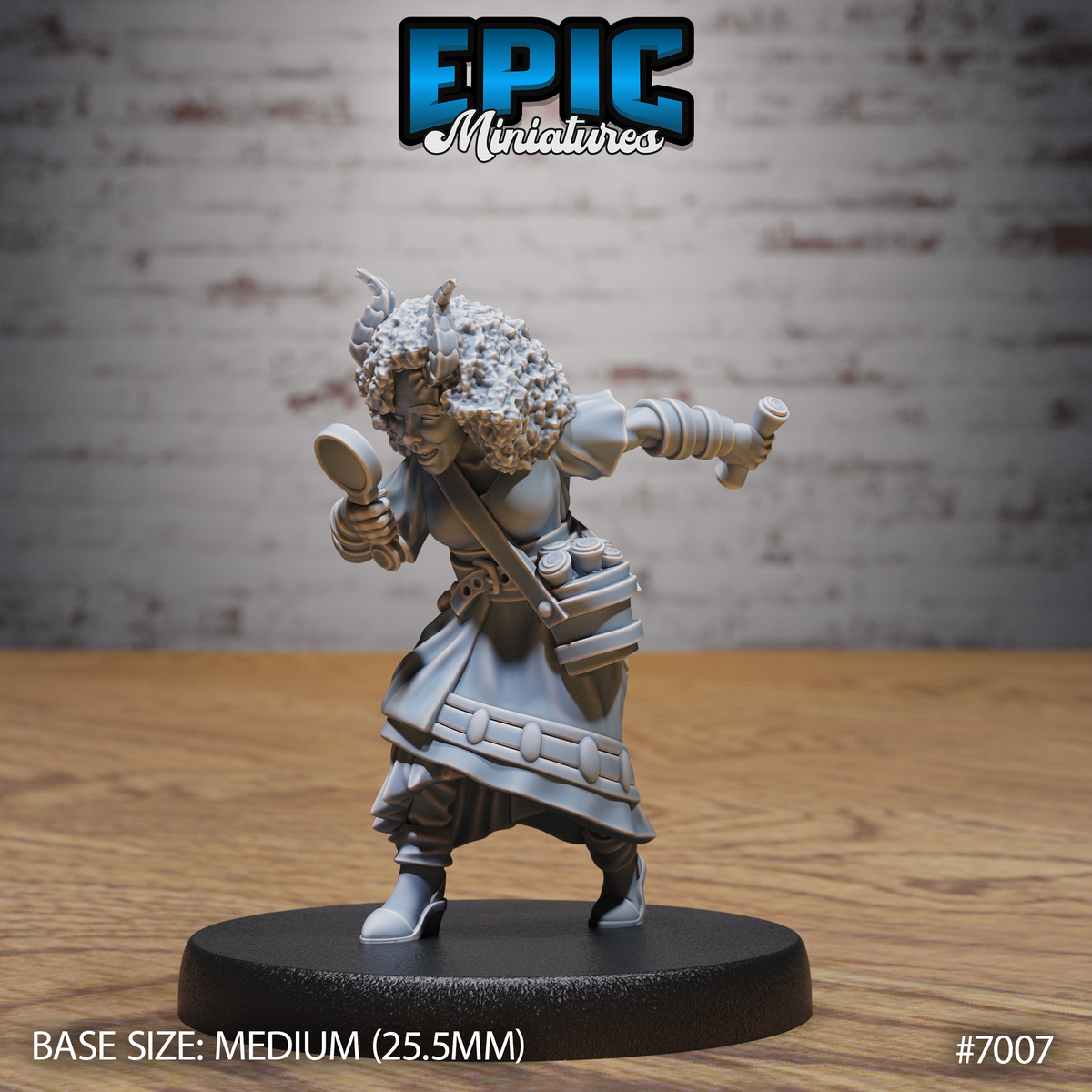 Tiefling female researcher mid-stride, wild curly hair with small horns, holding a round object in one hand and thrusting a cylindrical implement forward in the other, layered robes with pouches and a braided belt. Sculpt by Epic Miniatures.