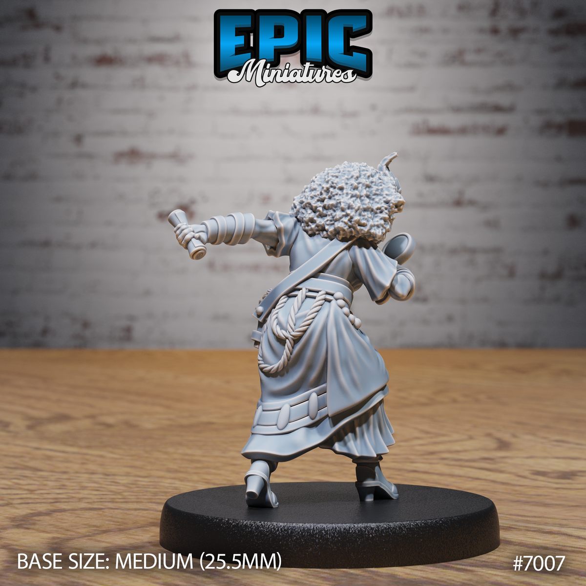Tiefling female researcher seen from behind, curly hair and small horns visible, flowing robes with a detailed rope and braid belt, bandaged arms extended forward holding a cylindrical tool. Sculpt by Epic Miniatures.