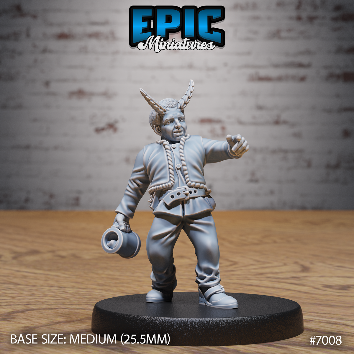 Tiefling male villager clutching a tankard in one hand, other arm extended and pointing, wearing a rope-trimmed jacket and braided horns. Sculpt by Epic Miniatures.