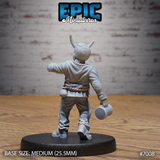 Tiefling villager seen from behind, tankard in lowered hand, one arm raised, braided horns and patched jacket visible, mid-stride pose. Sculpt by Epic Miniatures.