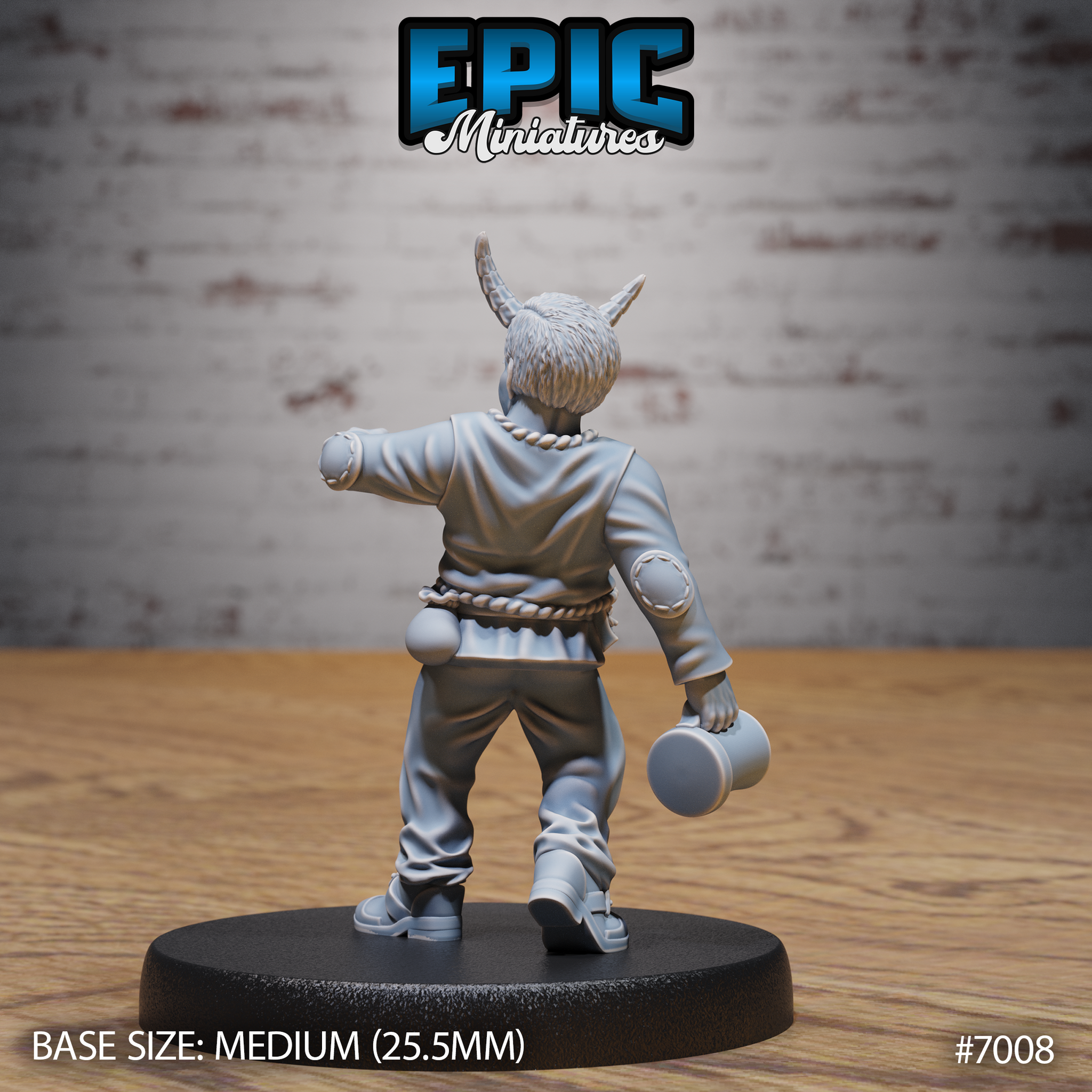 Tiefling villager seen from behind, tankard in lowered hand, one arm raised, braided horns and patched jacket visible, mid-stride pose. Sculpt by Epic Miniatures.