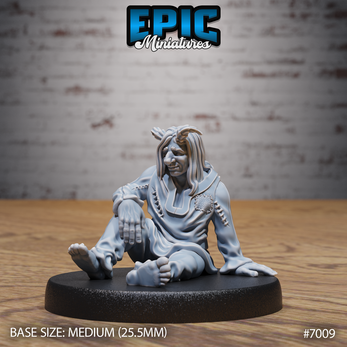 Tiefling figure seated on the ground, barefoot, one knee raised, wearing loose tattered robes with crude stitching and a circular chest scar. Long dishevelled hair, weary expression. Sculpt by Epic Miniatures.
