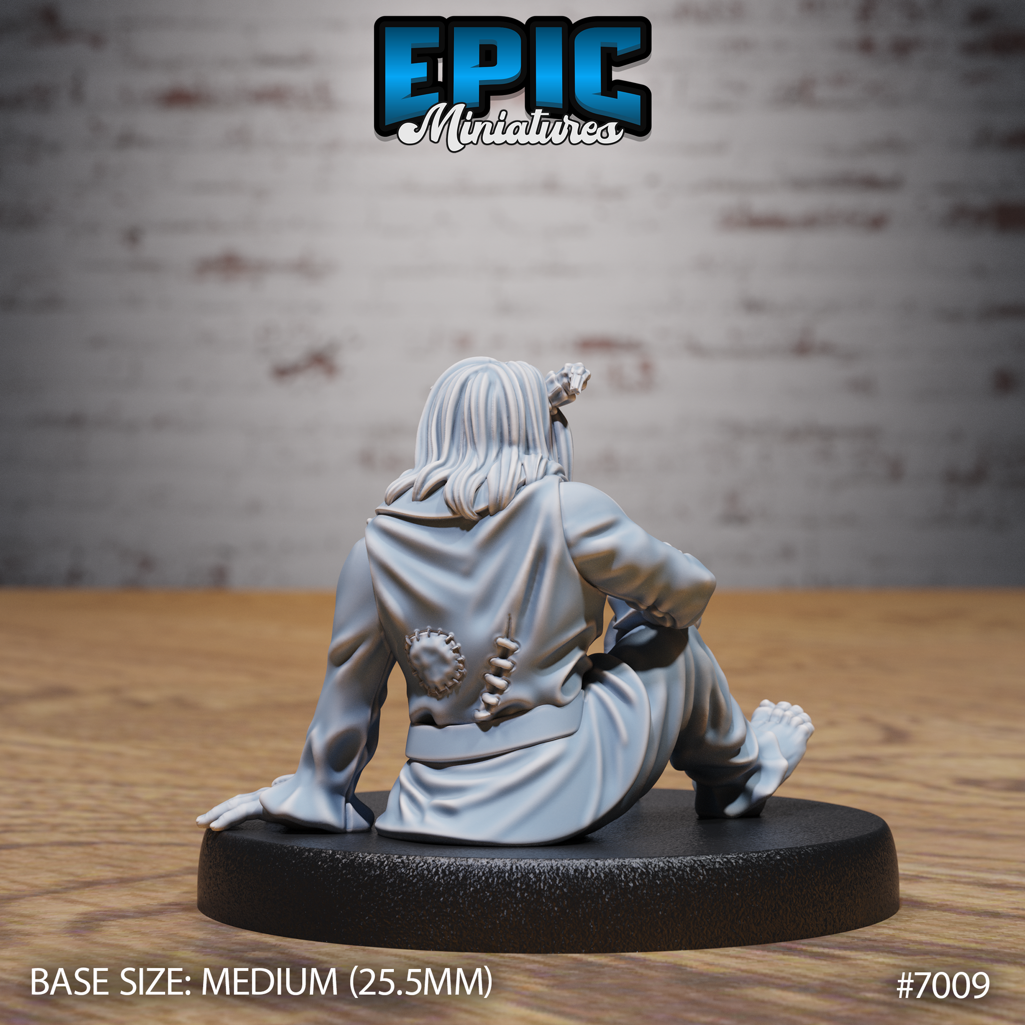 Tiefling figure seen from behind, seated, wearing ragged robes with a circular scar visible on the lower back and rough stitching along the seams. Long hair flows over the shoulders. Sculpt by Epic Miniatures.