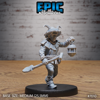 Tiefling gravekeeper striding forward with a caged lantern raised in one hand and a spade tucked under the other arm, wearing a ruffed collar, horned wide-brimmed hat, and rope belt. Epic Miniatures sculpt.