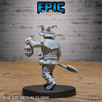 Tiefling gravekeeper seen from behind mid-stride, showing layered ruff collar, rope belt detail, wide-brimmed horned hat, and caged lantern extended outward. Spade trails behind. Epic Miniatures sculpt.