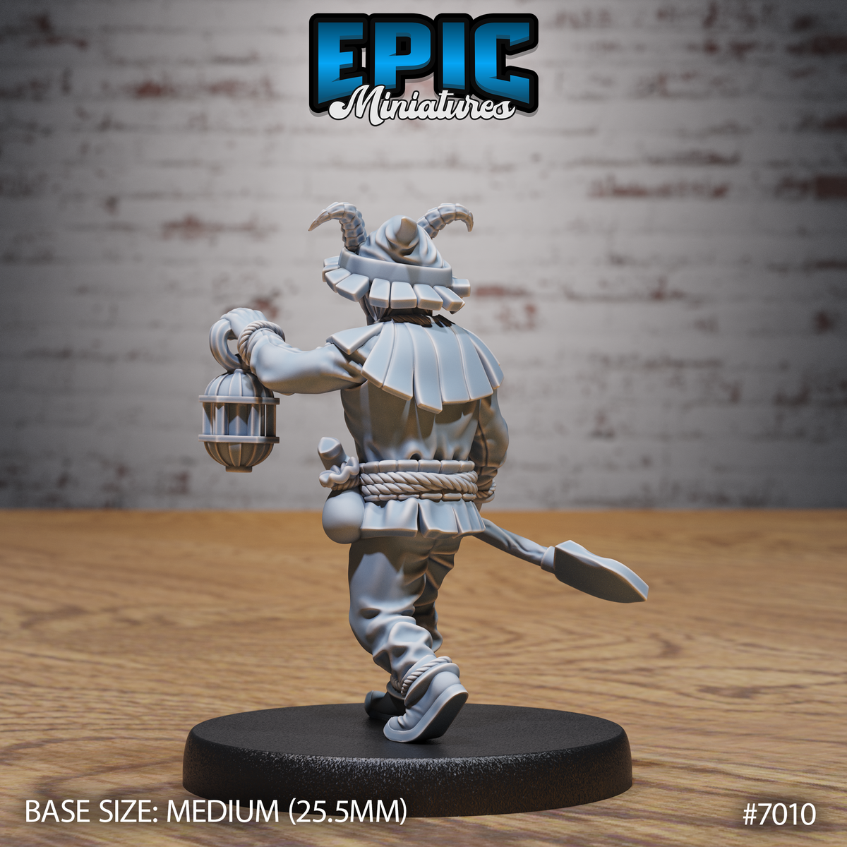 Tiefling gravekeeper seen from behind mid-stride, showing layered ruff collar, rope belt detail, wide-brimmed horned hat, and caged lantern extended outward. Spade trails behind. Epic Miniatures sculpt.