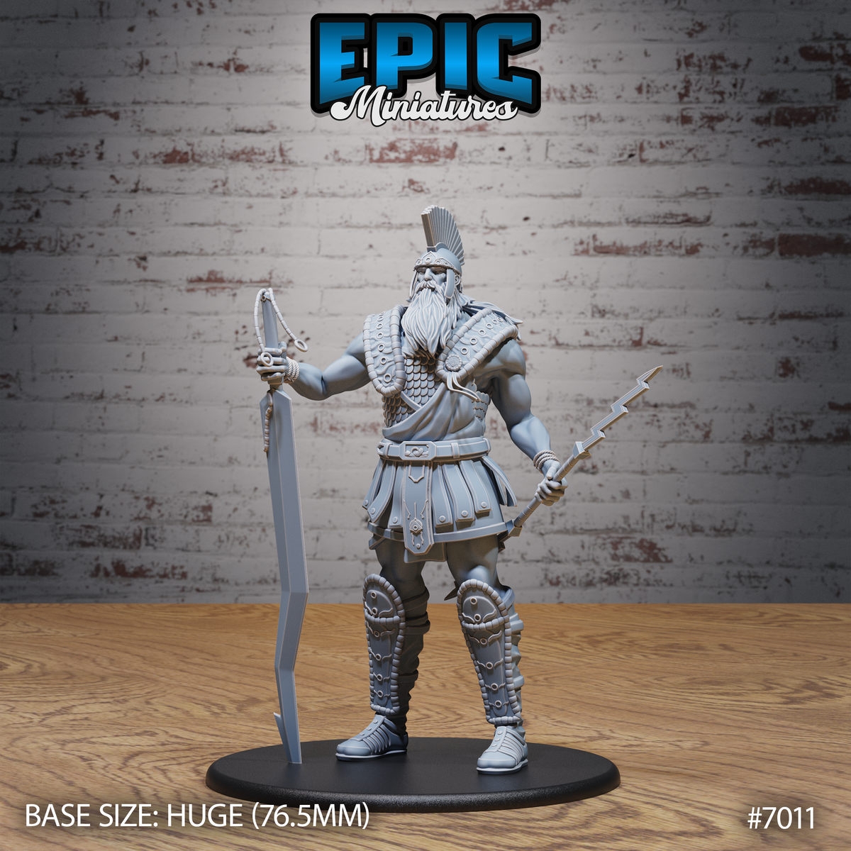 Bearded Storm Giant warrior standing upright, holding a curved greatsword at his side and a jagged lightning bolt in his raised right hand, wearing a plumed crested helmet, scaled chest armour, pteruges skirt, and studded greaves. Sculpt by Epic Miniatures.