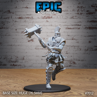 Muscular bearded giant striding forward with one knee raised, swinging a large spiked maul overhead with both hands, wearing a crested plumed helmet, scale-covered shoulder armour, rope-wrapped bracers, a pleated skirt, and greave-wrapped legs. Sculpt by Epic Miniatures.