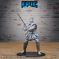 Massively built bearded giant lord in a wide combat stance, arm raised overhead gripping a jagged lightning bolt, wearing a crested helm, scaled armour, and layered pteruges skirt. Sculpt by Epic Miniatures.