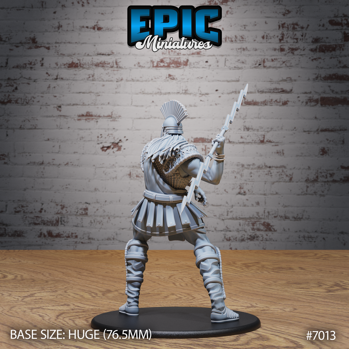 Broad-shouldered giant lord seen from behind, arm extended with a jagged lightning bolt held aloft, wearing a crested helm, scaled back armour, and segmented greaves with rope binding detail. Sculpt by Epic Miniatures.