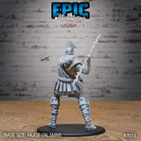 Broad-shouldered giant lord seen from behind, arm extended with a jagged lightning bolt held aloft, wearing a crested helm, scaled back armour, and segmented greaves with rope binding detail. Sculpt by Epic Miniatures.