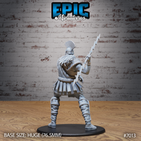 Broad-shouldered giant lord seen from behind, arm extended with a jagged lightning bolt held aloft, wearing a crested helm, scaled back armour, and segmented greaves with rope binding detail. Sculpt by Epic Miniatures.
