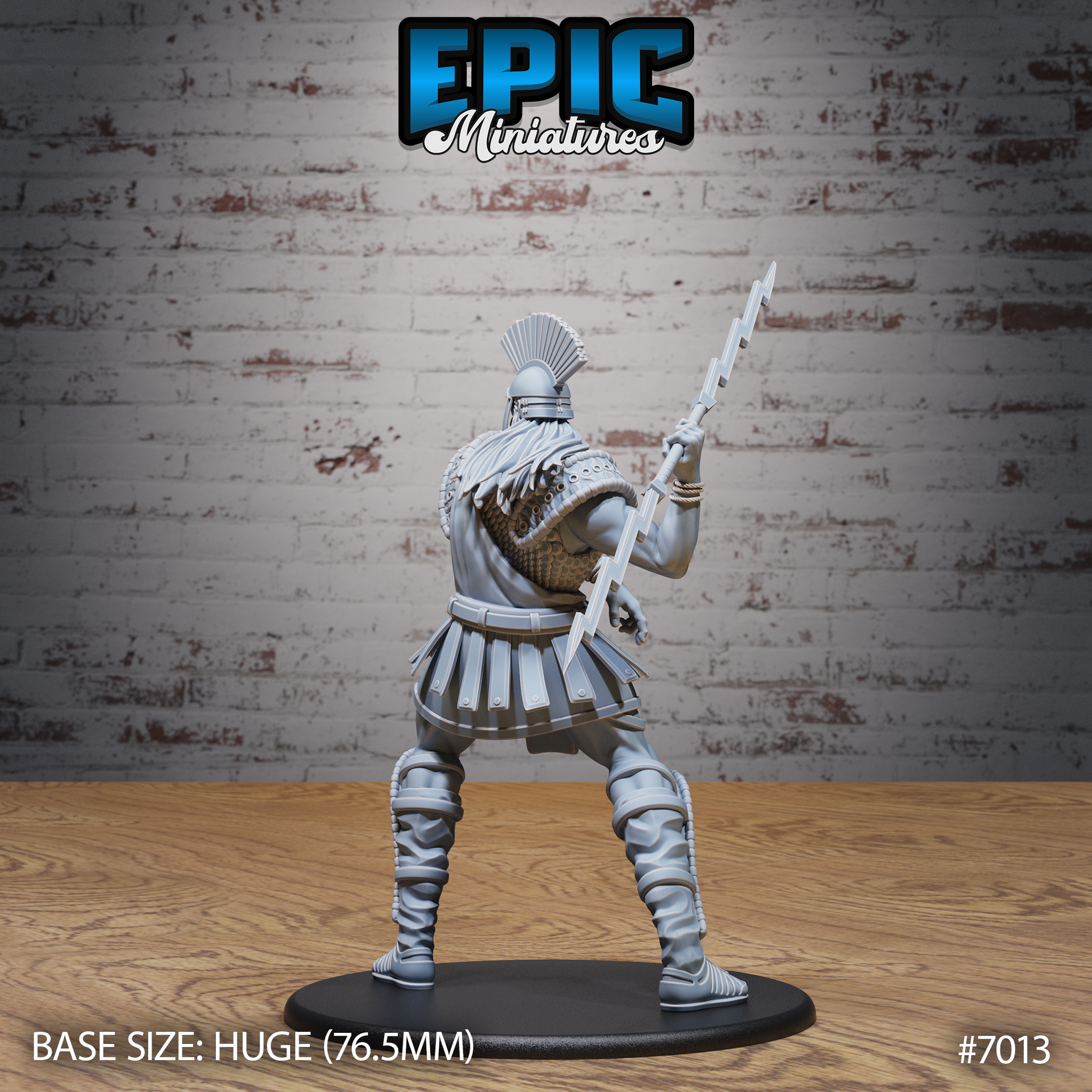 Broad-shouldered giant lord seen from behind, arm extended with a jagged lightning bolt held aloft, wearing a crested helm, scaled back armour, and segmented greaves with rope binding detail. Sculpt by Epic Miniatures.