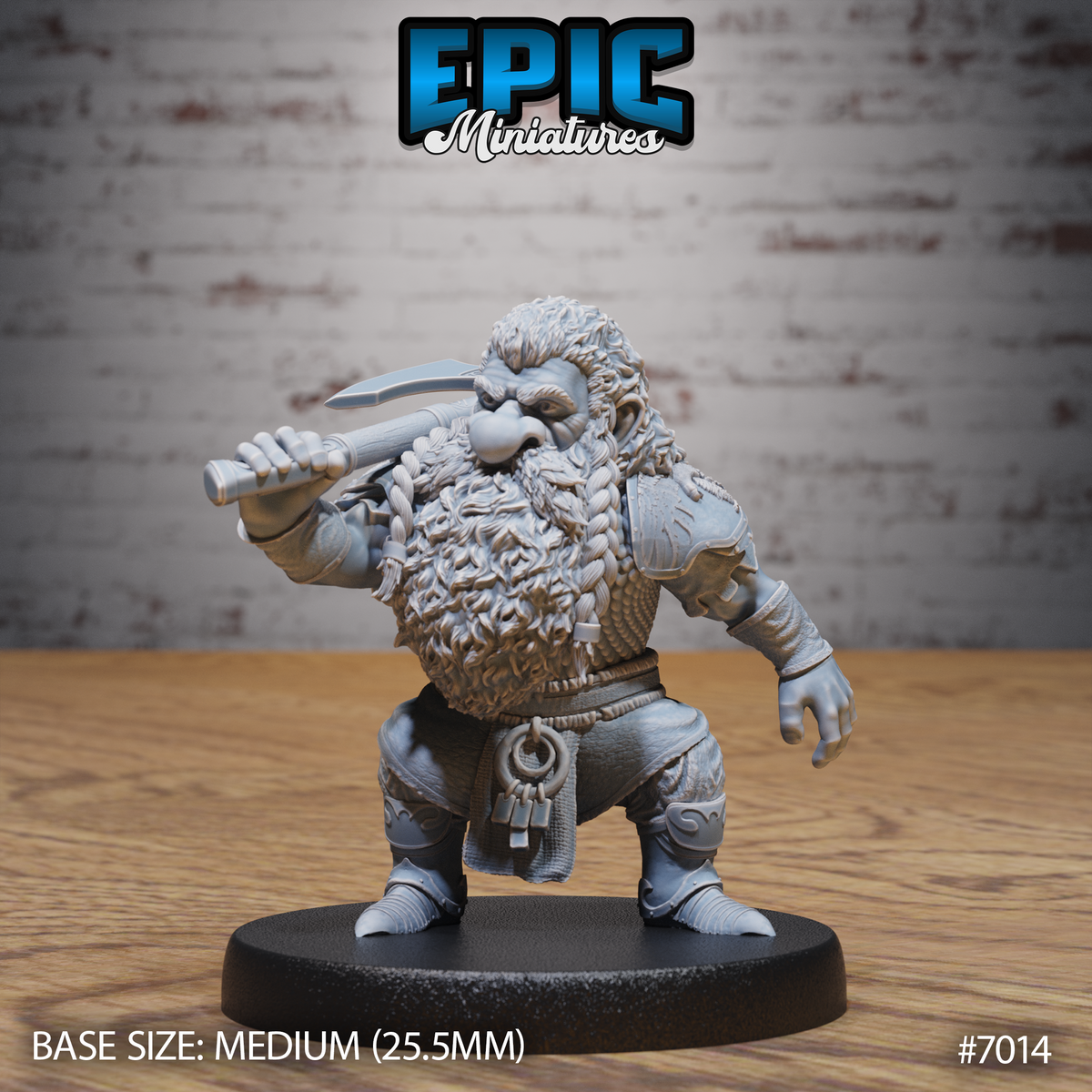 Stocky bearded dwarf miniature holding an axe over one shoulder, thick braided beard, scale armour and wide leather belt with hanging pouches, on a round base. By Epic Miniatures.