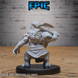 Bearded dwarf miniature seen from behind, showing a broad back in scale armour, voluminous curly beard, and an ornate knotwork axe head raised over the shoulder. By Epic Miniatures.