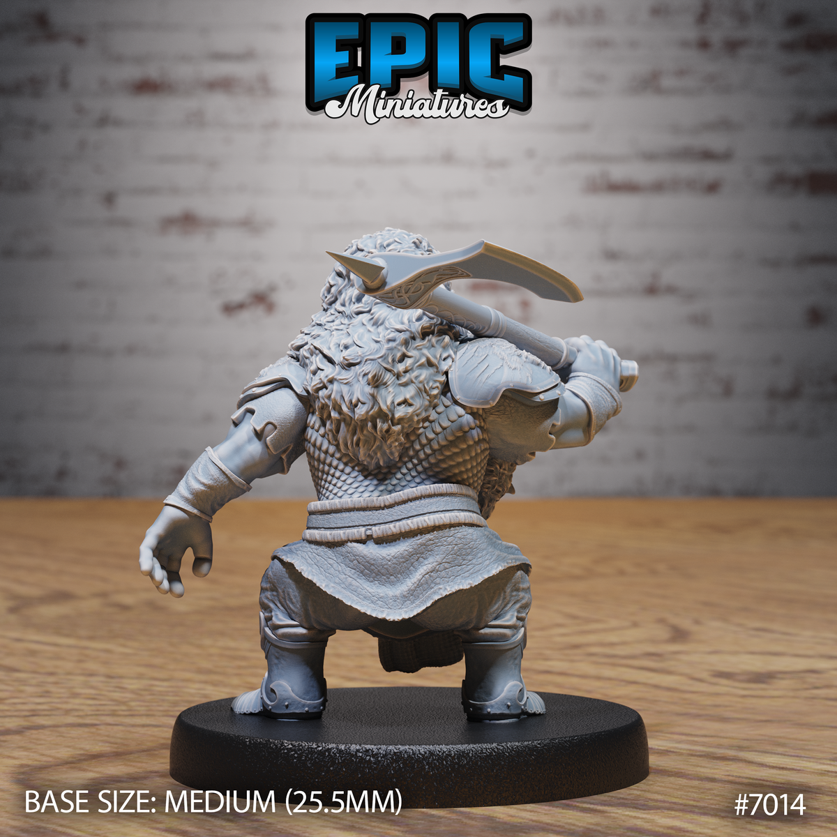 Bearded dwarf miniature seen from behind, showing a broad back in scale armour, voluminous curly beard, and an ornate knotwork axe head raised over the shoulder. By Epic Miniatures.