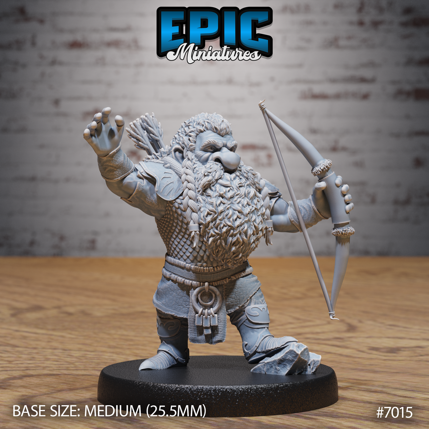 Stocky bearded dwarf gripping a shortbow in one hand with the other arm raised, fingers splayed. Wears scale mail, fur cloak, leather pauldrons, and carries a back quiver. Braided beard, broad stance, scenic rocky base. Sculpt by Epic Miniatures.