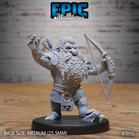 Stocky bearded dwarf gripping a shortbow in one hand with the other arm raised, fingers splayed. Wears scale mail, fur cloak, leather pauldrons, and carries a back quiver. Braided beard, broad stance, scenic rocky base. Sculpt by Epic Miniatures.