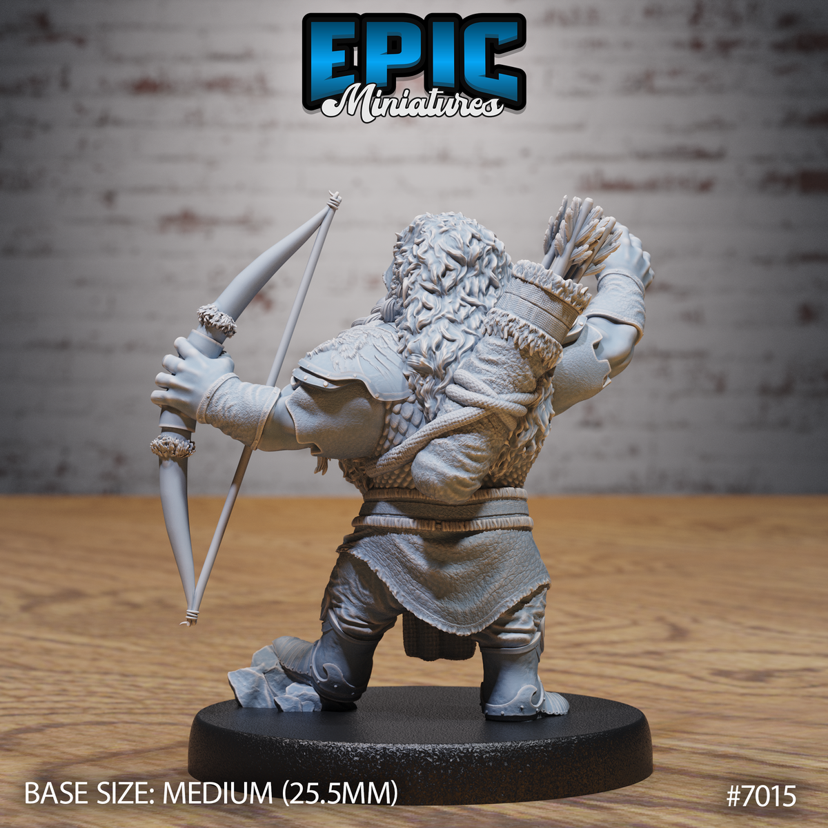 Bearded dwarf seen from behind, drawing an arrow from a large quiver mounted on his back, shortbow held low in the other hand. Thick fur cloak, scale mail, and knotted leather belt visible. Rocky scenic base. Sculpt by Epic Miniatures.