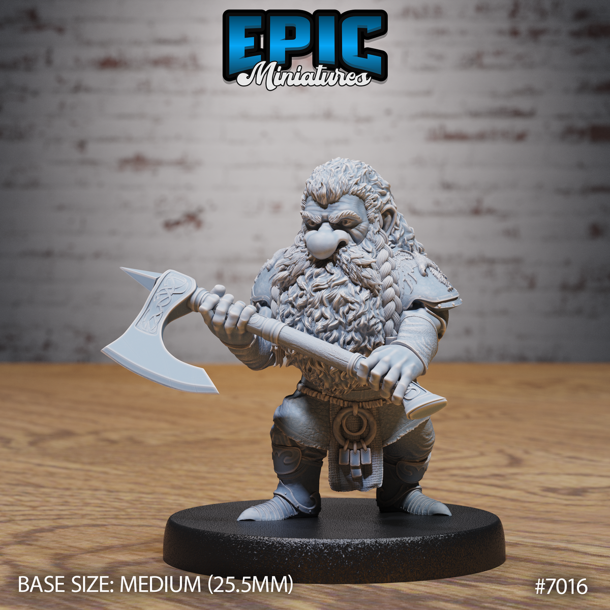 Stocky dwarf warrior standing with a large runic battleaxe held two-handed across his body, wearing scale armour and chainmail, with a voluminous wild beard in heavy braids. Sculpt by Epic Miniatures.