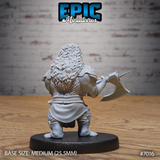Dwarf warrior seen from behind, showing a mass of curling hair cascading down his back, scale armour across his shoulders, and a runic battleaxe raised in his right hand. Sculpt by Epic Miniatures.