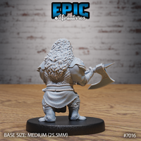 Dwarf warrior seen from behind, showing a mass of curling hair cascading down his back, scale armour across his shoulders, and a runic battleaxe raised in his right hand. Sculpt by Epic Miniatures.