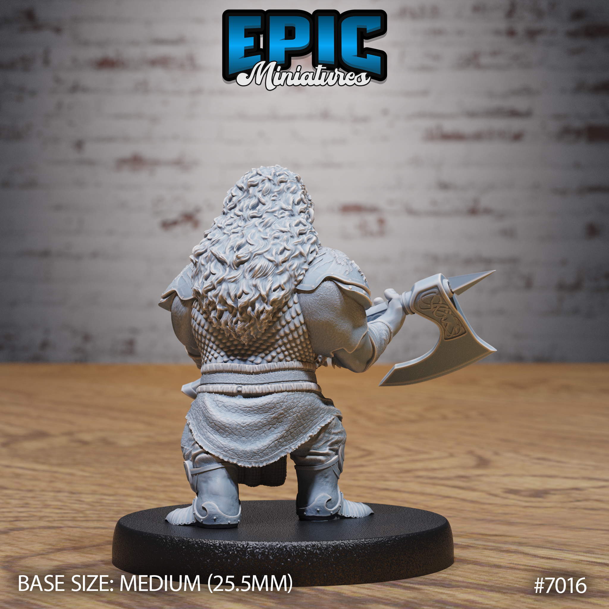 Dwarf warrior seen from behind, showing a mass of curling hair cascading down his back, scale armour across his shoulders, and a runic battleaxe raised in his right hand. Sculpt by Epic Miniatures.