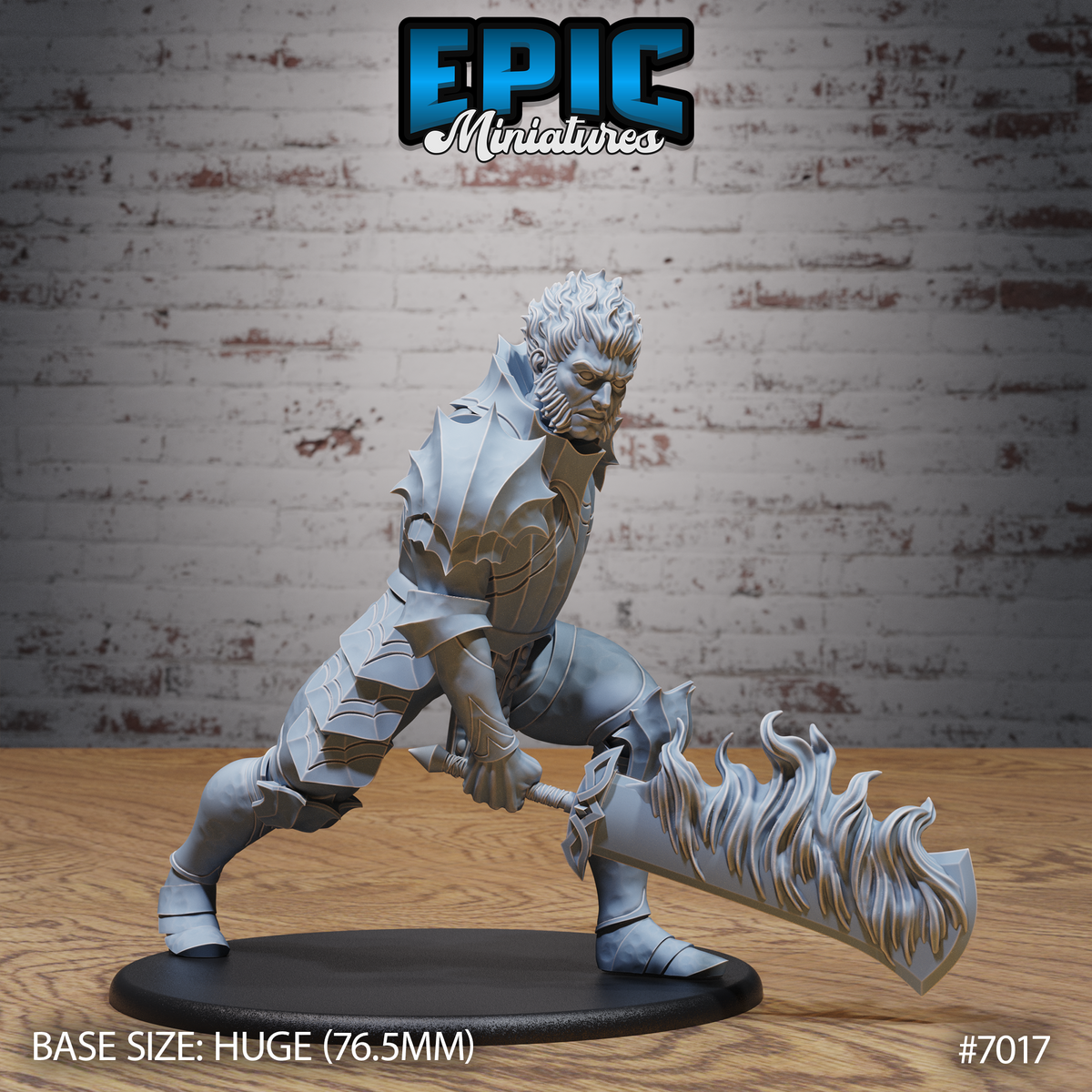 Broad-shouldered giant warrior in a wide combat stance, sweeping a flame-wreathed greatsword low across the ground. Layered angular plate armour with scaled tassets. Sharp-featured bearded face. Huge oval base. Epic Miniatures.
