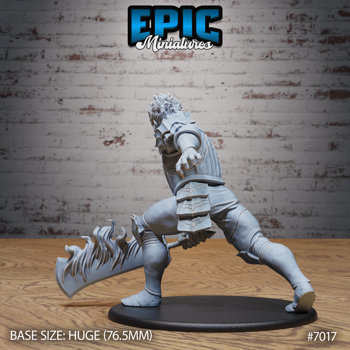 Giant warrior viewed from behind and to the side, coiled in a low sweeping pose with a flame-wreathed greatsword extended behind him. Webbed kneeguards, layered back plate, and wild hair visible. Huge oval base. Epic Miniatures.