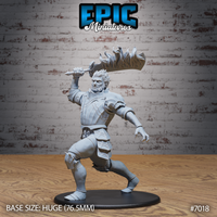 Armoured fire giant warrior lunging forward with one leg, wielding a massive greataxe with sculpted flames along the blade, free hand splayed and clawing outward. Sculpt by Epic Miniatures.