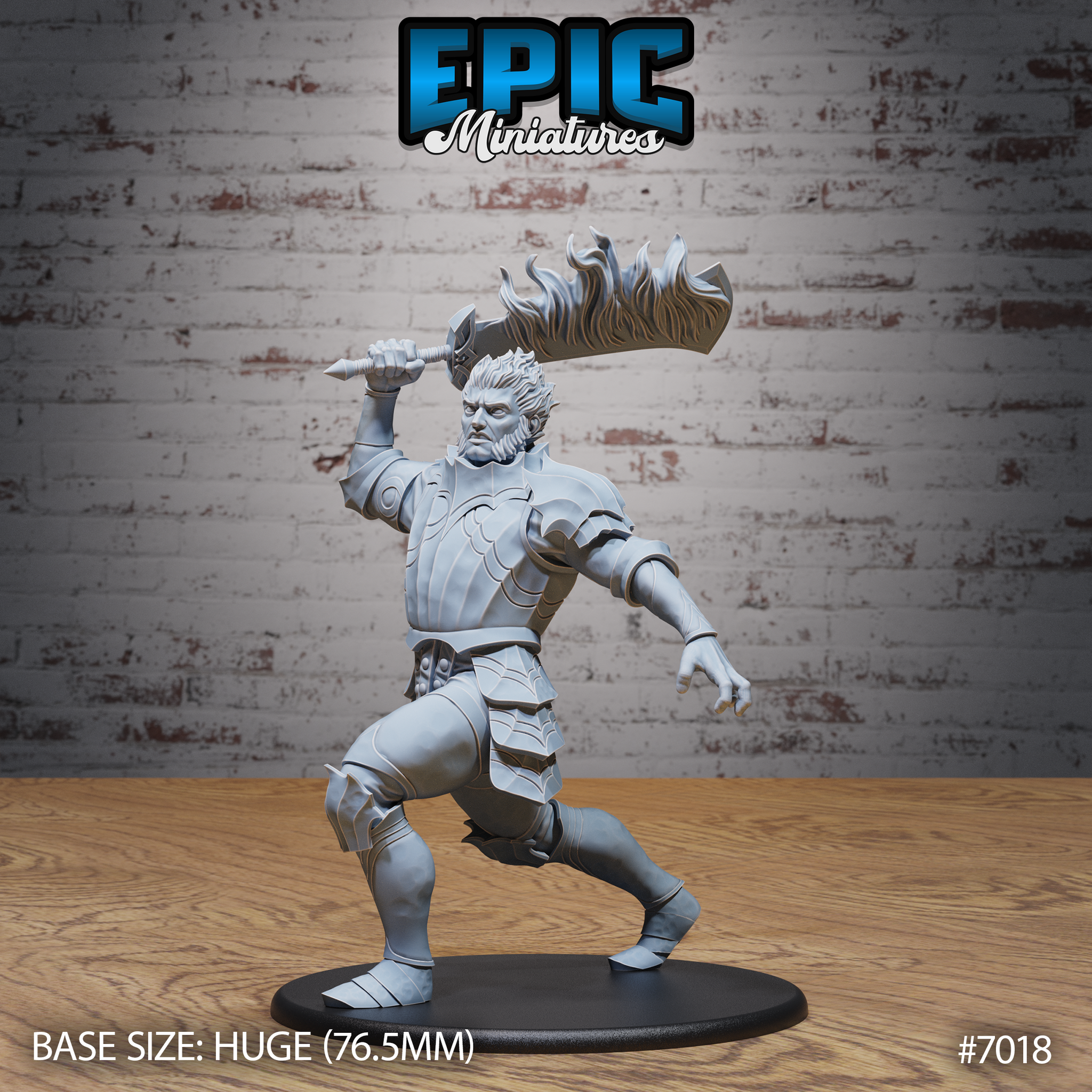 Armoured fire giant warrior lunging forward with one leg, wielding a massive greataxe with sculpted flames along the blade, free hand splayed and clawing outward. Sculpt by Epic Miniatures.